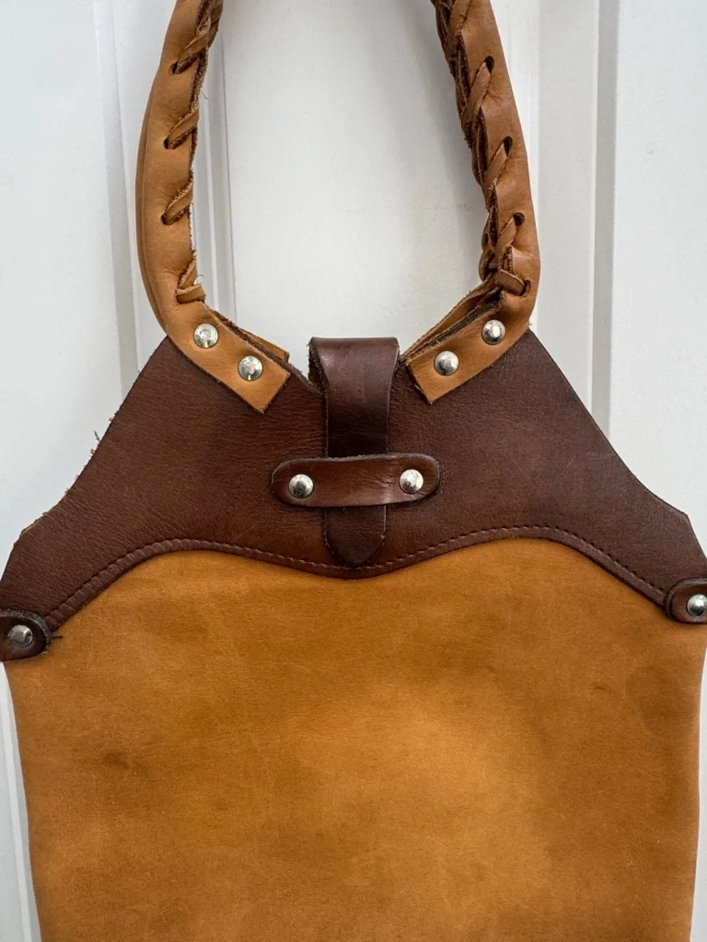 Two-Tone Tan and Dark Brown Braided-Handle Shoulder Bag